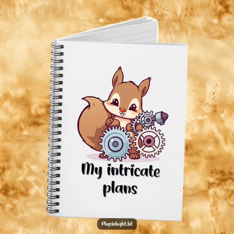 Funny notebook cover with a determined squirrel character carefully adjusting spinning gears, encouraging notes filled with ingenuity and humor.