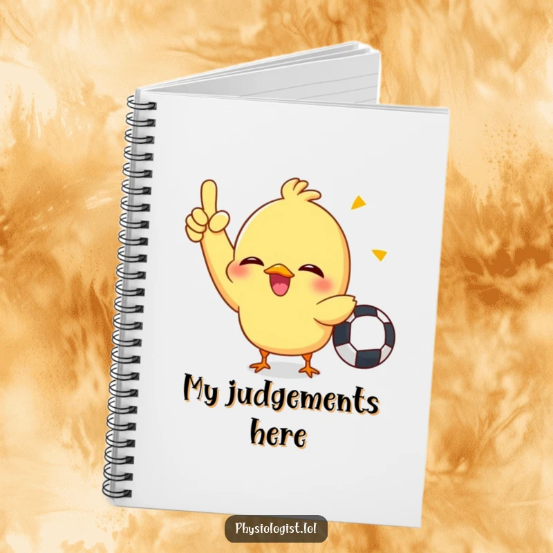 Funny notebook featuring a giggling chick enthusiastically signaling a penalty, perfect for jotting down game plans or ideas humorously.