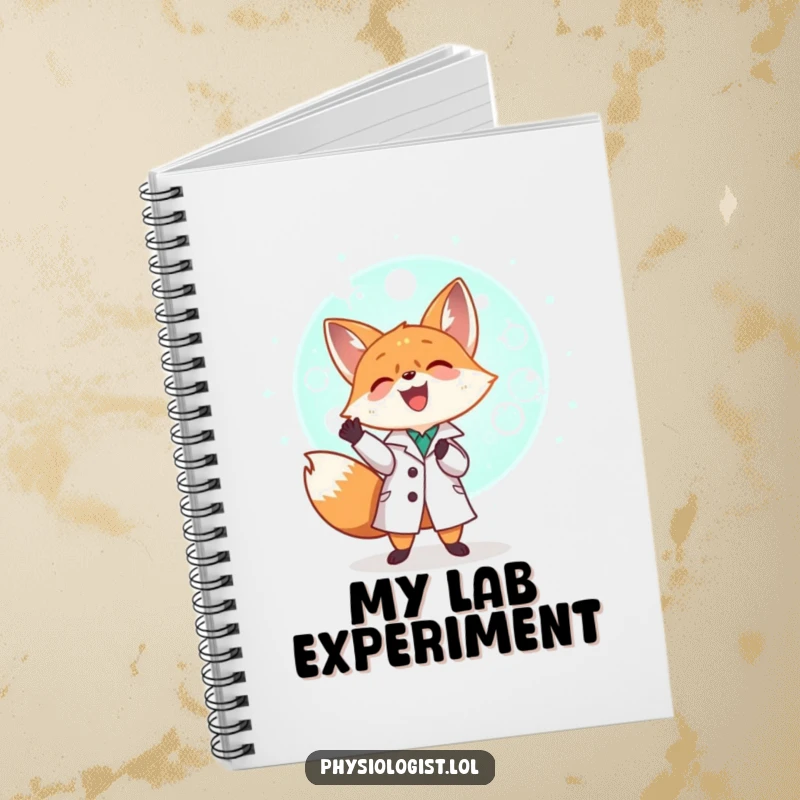 Funny tiny fox in a lab coat examining a giant glowing cell, a cute and humorous notebook for science students.