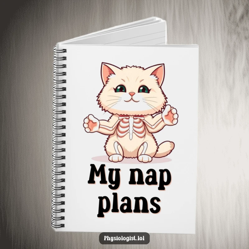 Funny cat muscle notebook with a fluffy cat stretching its paws to illustrate muscle diagrams, for fitness notes.