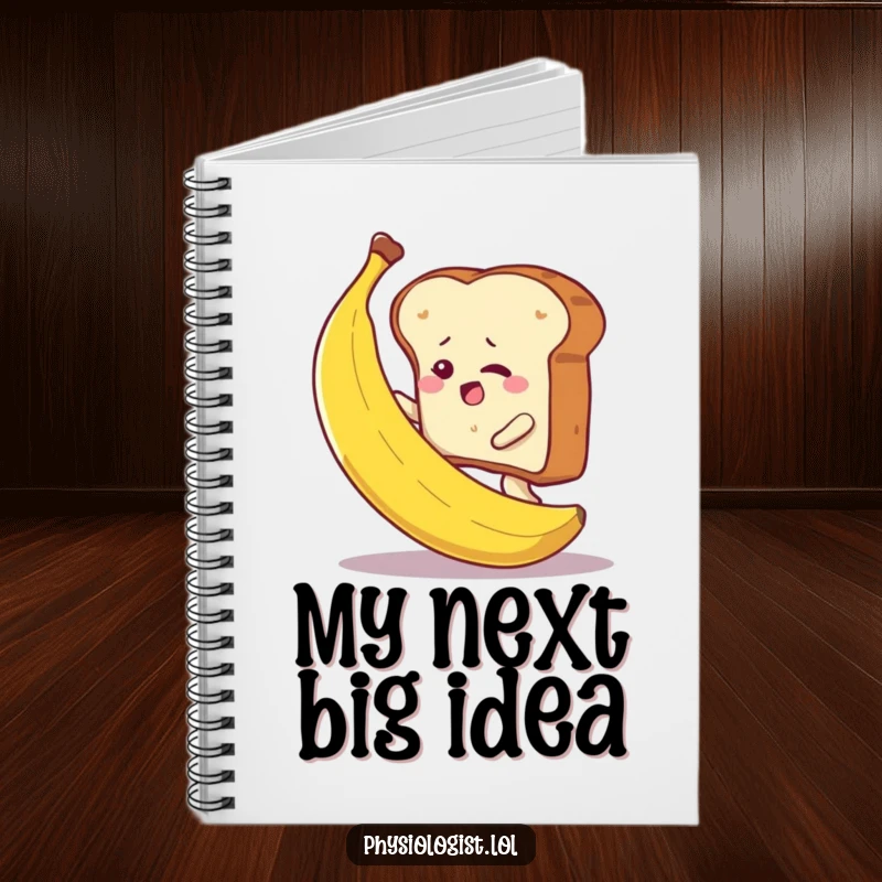Funny toast slice attempting to climb a banana, on a notebook cover, inspiring humorous notes and ambitious planning.