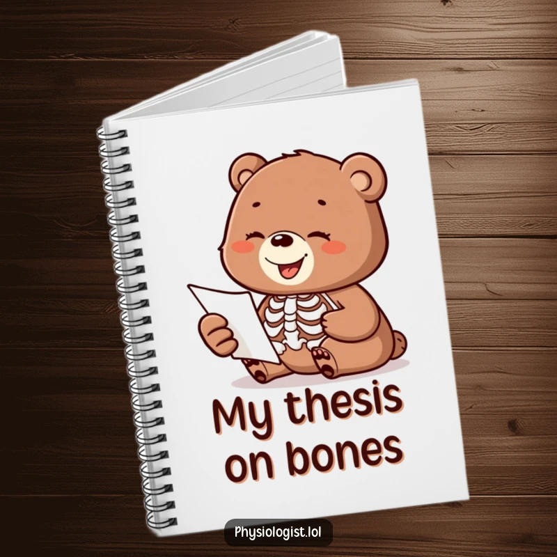 Funny notebook with a happy bear cub studying a skeleton anatomy diagram, perfect for jotting notes.