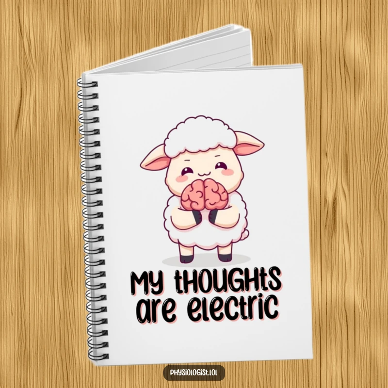 Funny notebook cover featuring a sheep in mid-giggle holding a tiny animated brain, perfect for jotting down funny thoughts.