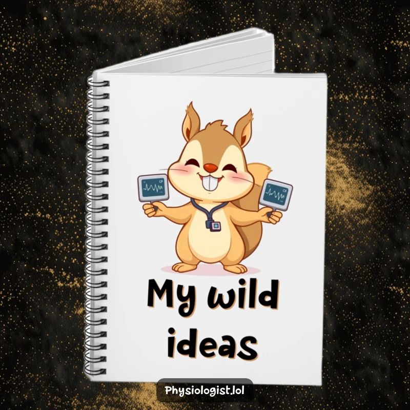 Funny squirrel EKG notebook with a happy squirrel juggling heart monitor readouts, ideal for notes and reminders, a cheerful and funny gift.