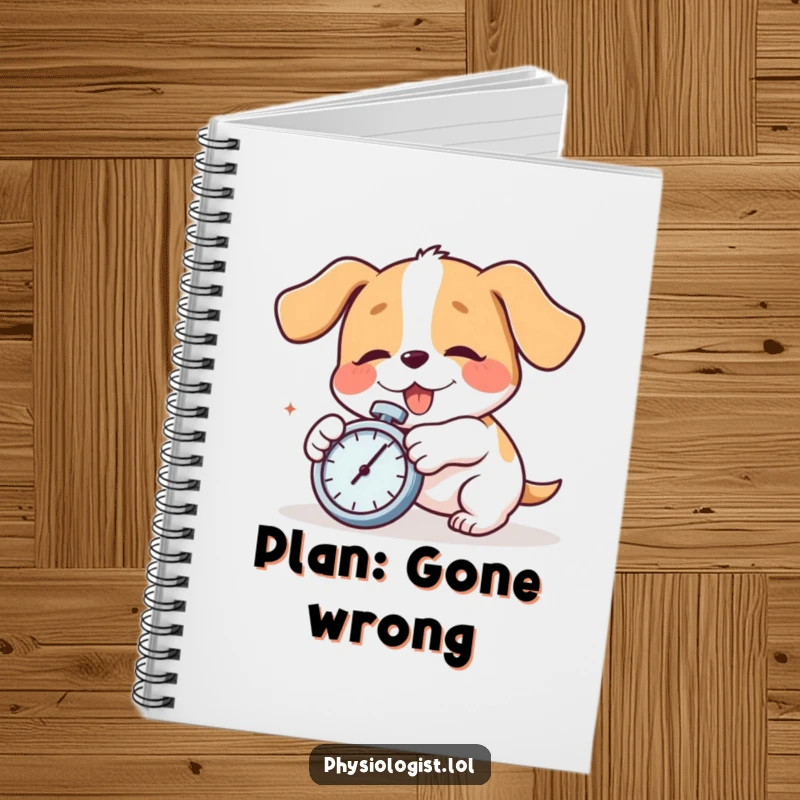Funny dog tripping with a stopwatch, on a notebook cover. A humorous funny gift for journaling.