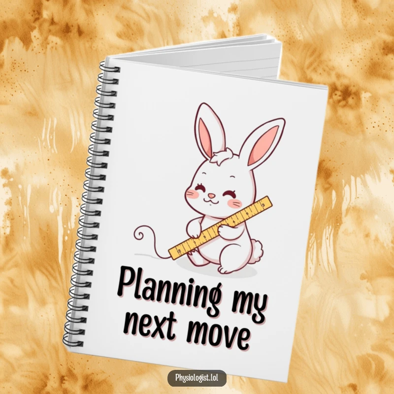 Funny notebook cover with a busy rabbit character diligently measuring a wiggly line with a ruler, encouraging notes with precision and humor.