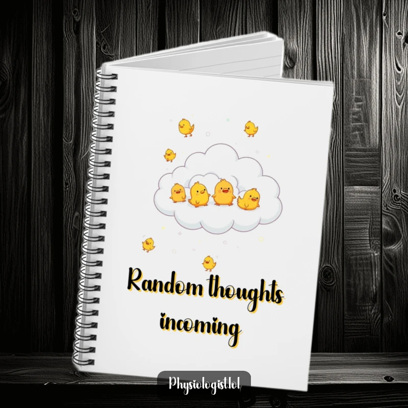 Funny cloud raining rubber chickens, on a notebook cover, inspiring whimsical notes and humorous brainstorming.