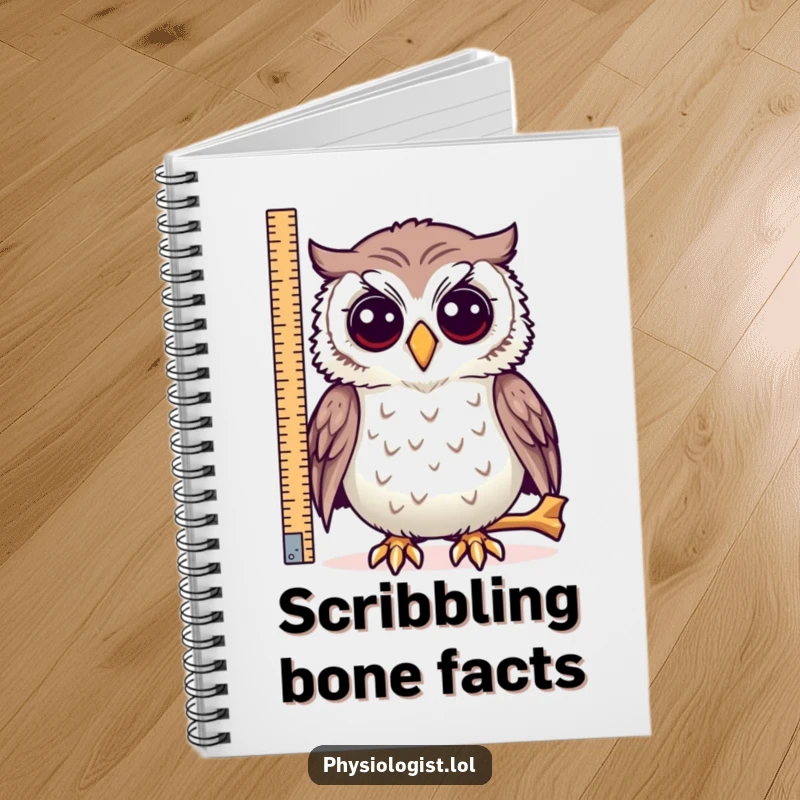 Funny notebook, a curious owl with a measuring tape examining a very long bone, for humorous note-taking.