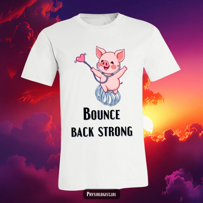 Funny piglet t-shirt, a happy pink piglet bouncing on a spring with a stethoscope, symbolizing energetic health and humor.