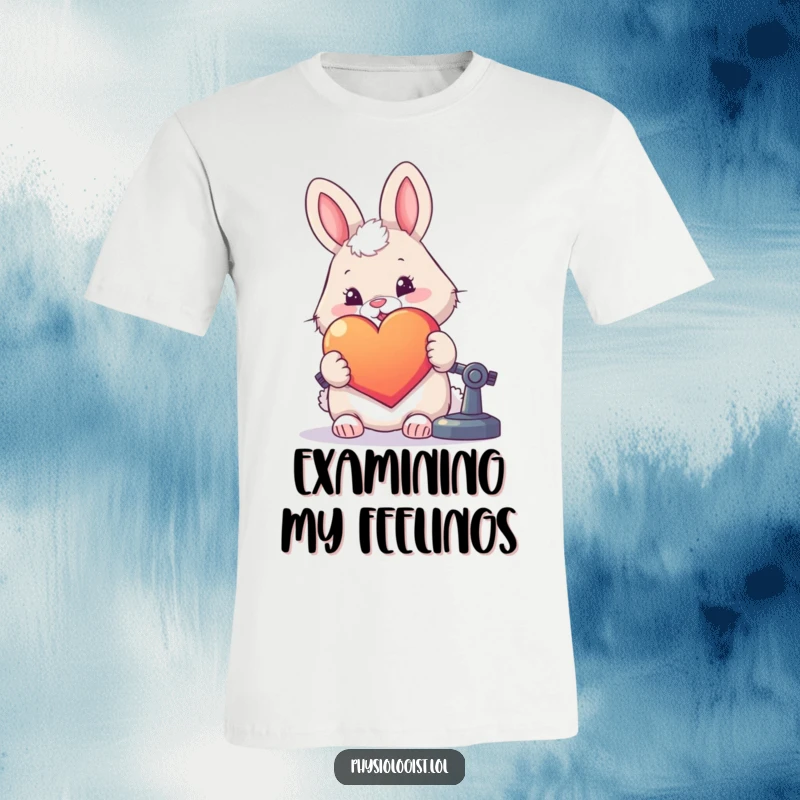 Funny fluffy cartoon rabbit peering through a microscope at a large, colorful heart on a t-shirt.