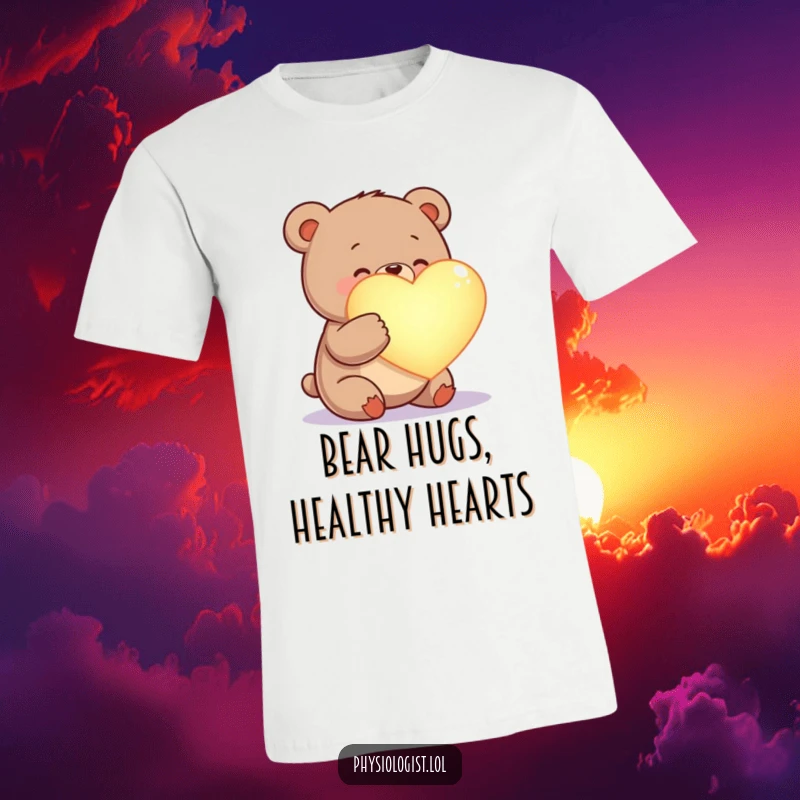 Funny happy bear examining a glowing heart, spreading love and warmth, a cute and humorous t-shirt.