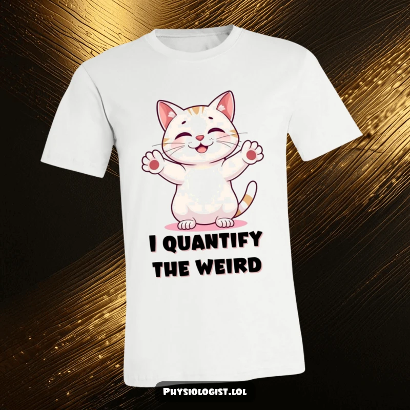 Funny Cat Explorer T-Shirt: Smiling cat measuring an abstract glowing shape, depicting curiosity and humor for cat fans.