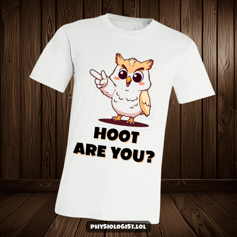 Funny cheerful owl pointing t-shirt, an owl dramatically gesturing towards a target, inspirational and humorous apparel.