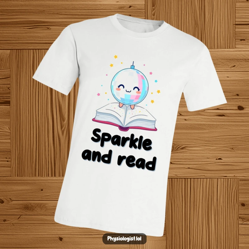 Funny t-shirt with a happy disco ball showering a book with shimmering glitter, perfect for book lovers who enjoy a touch of sparkle and fun.
