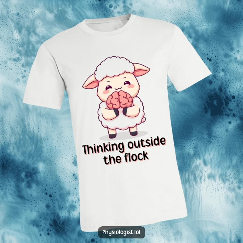 Funny t-shirt featuring a gleeful sheep clutching a tiny, animated brain, showcasing a funny concept of quirky intelligence and amusement.