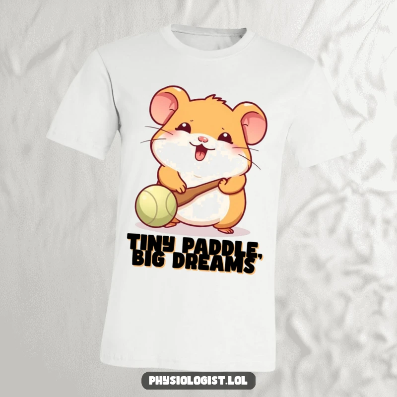 Funny Hamster T-Shirt: A cheerful hamster enthusiastically bats a ball with a tiny paddle, depicting a fun gaming moment.