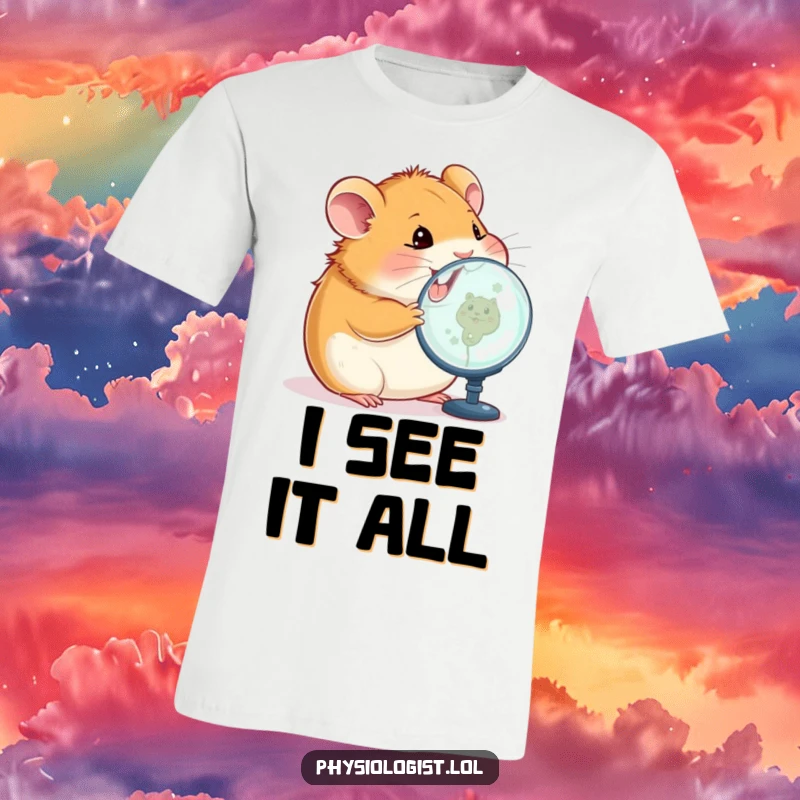 Funny hamster t-shirt depicting a happy hamster intently examining a magnified image on a screen, a humorous take on digital inspection.