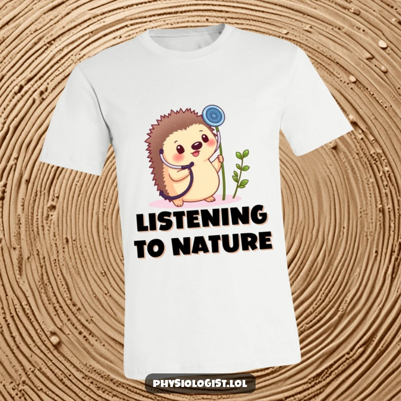 Funny cheerful hedgehog holding a large stethoscope to a tiny plant sprout on a t-shirt.