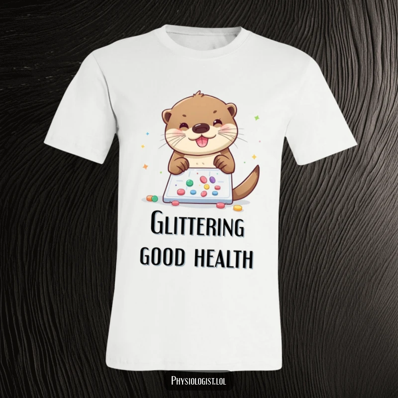 Funny otter t-shirt, a cheerful otter sprinkles glitter and pills onto a microscopic slide, symbolizing creativity and scientific art.