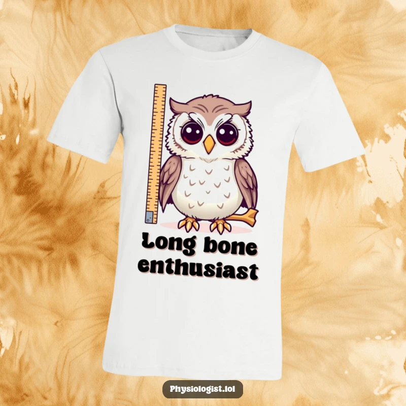 Funny owl t-shirt, a detailed illustration of a curious owl measuring a very long bone with humor.