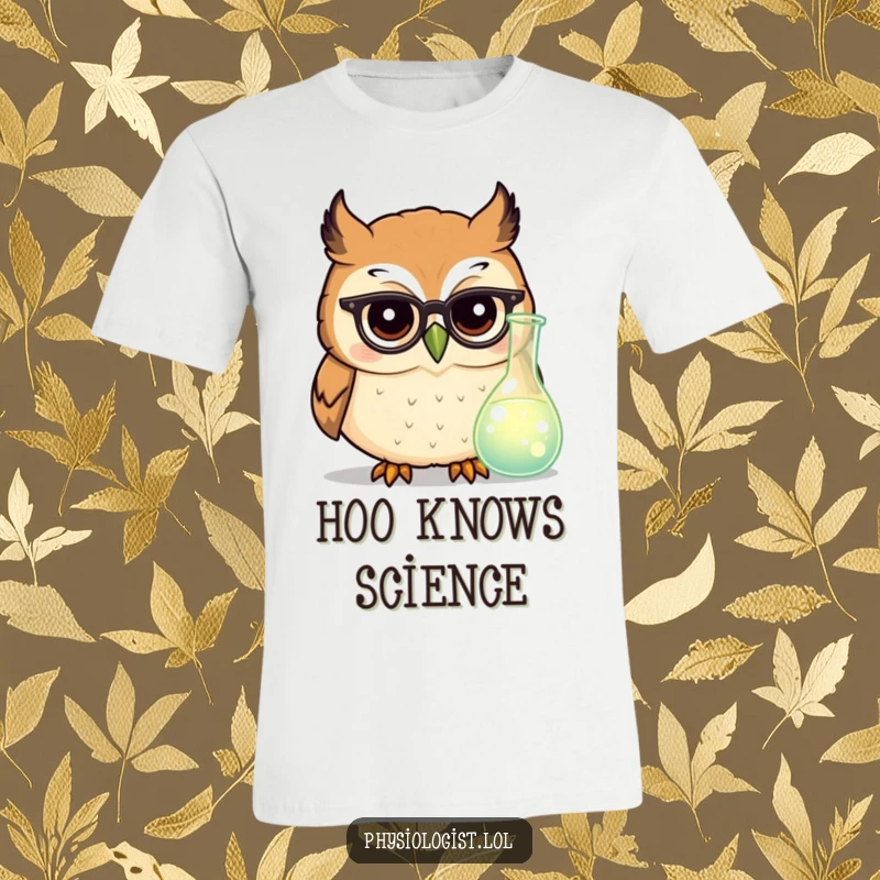 Funny owl scientist t-shirt with a round owl in tiny glasses looking at a glowing beaker, showcasing smart humor.