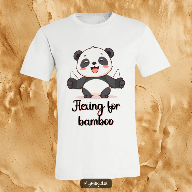 Funny panda t-shirt depicting a cheerful panda using puppets to demonstrate muscle movement, a humorous take on exercise and anatomy.