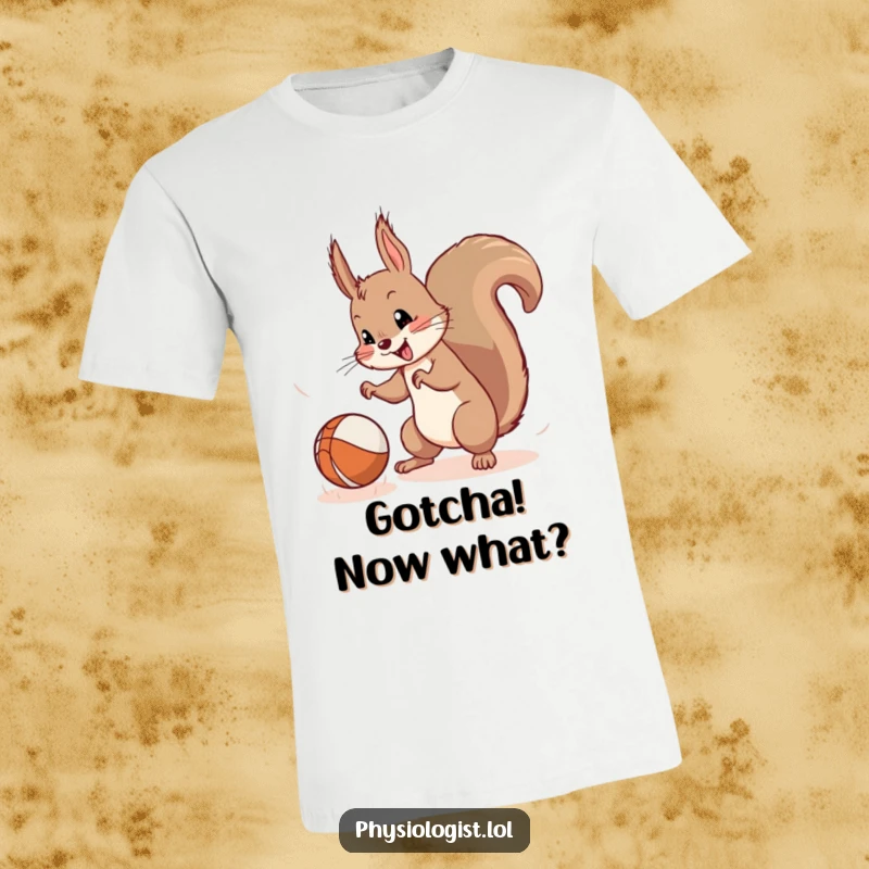 Funny Squirrel T-Shirt: A mischievous squirrel leaps to catch a wildly bouncing ball, depicting energetic fun and playful chaos.