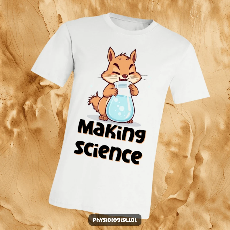 Funny Squirrel T-Shirt showing a determined squirrel vigorously churning a beaker filled with bubbly liquid, perfect for science fans.