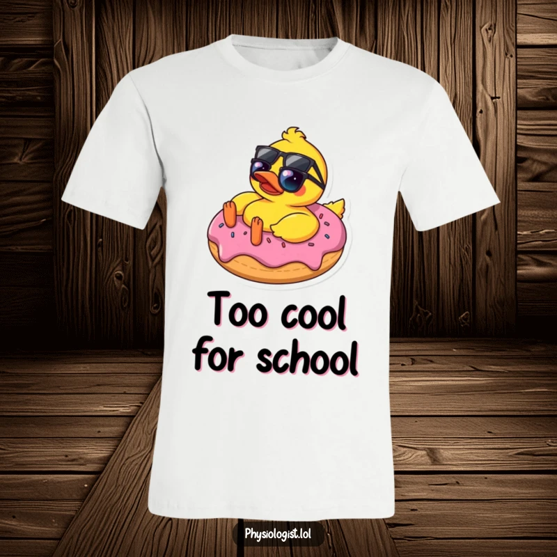 Funny rubber ducky wearing sunglasses, relaxing on a donut t-shirt, conveying a cool, laid-back, and humorous attitude.
