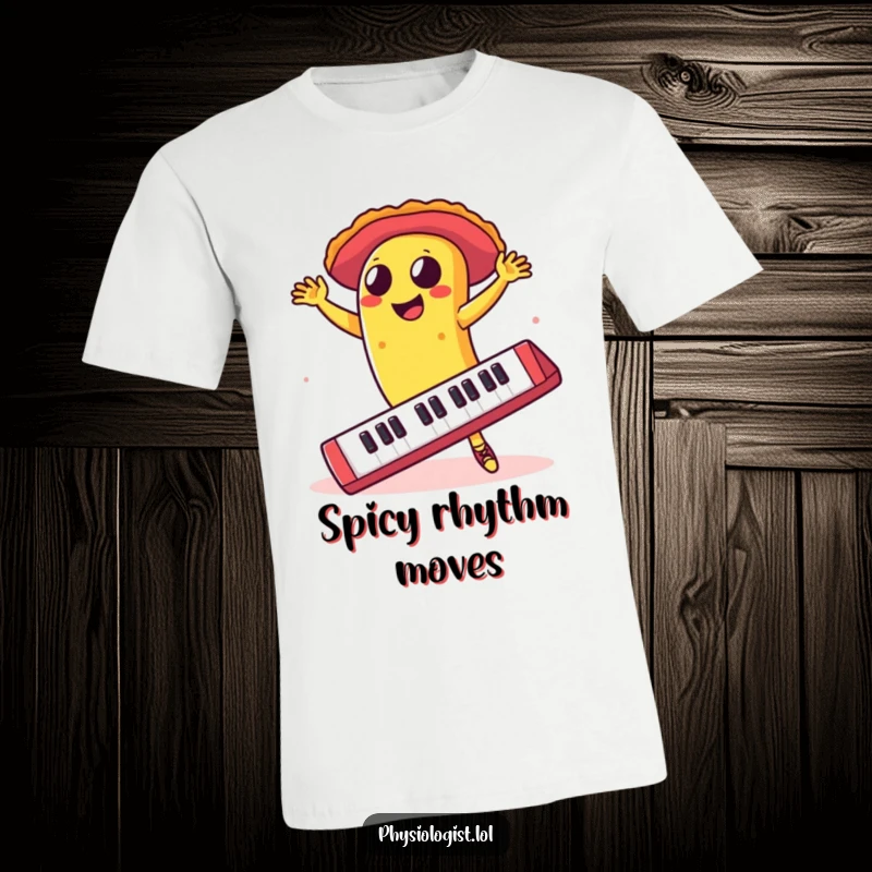 Funny taco dancing salsa on a giant keyboard t-shirt, conveying energetic humor and a love for food and music.