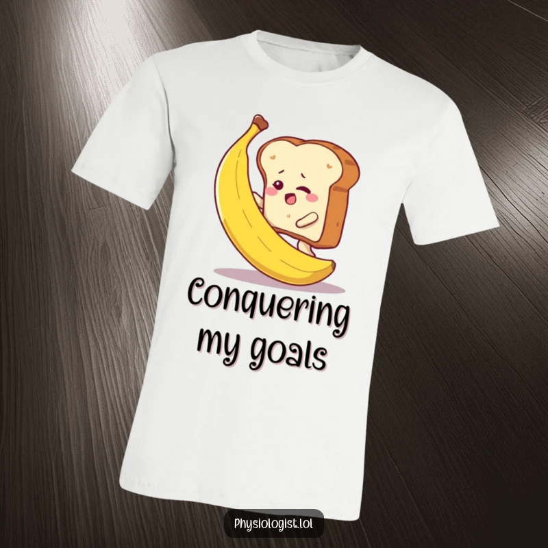 Funny toast slice determinedly climbing a banana on a t-shirt, depicting strength and humorous challenges.