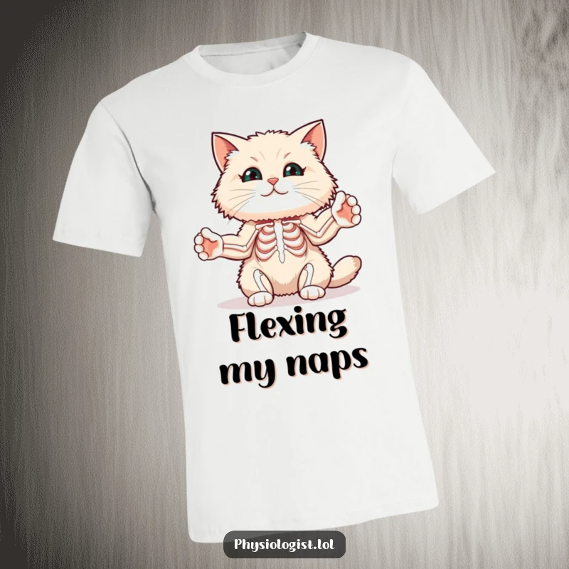 Funny yoga cat t-shirt featuring a fluffy cat stretching its paws to illustrate a skeletal muscle diagram, adding fitness humor.