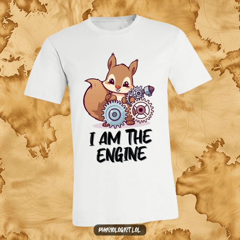Funny squirrel t-shirt design of a determined character carefully adjusting complex spinning gears, celebrating innovation and mechanical humor.