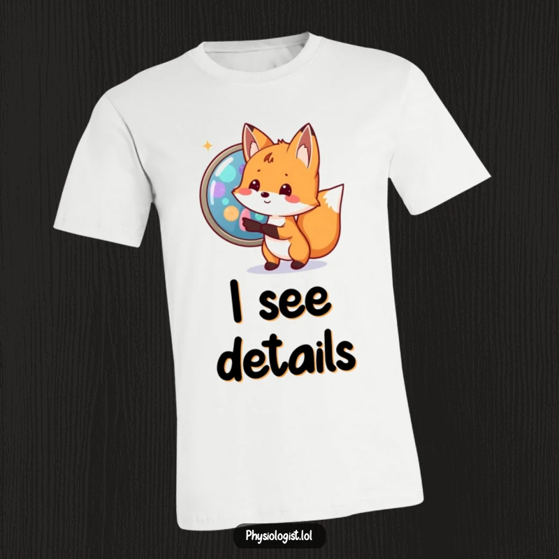 Funny fox biologist t-shirt with a small fox excitedly pointing to a magnified cell with bright, colorful organelles, showcasing science humor.