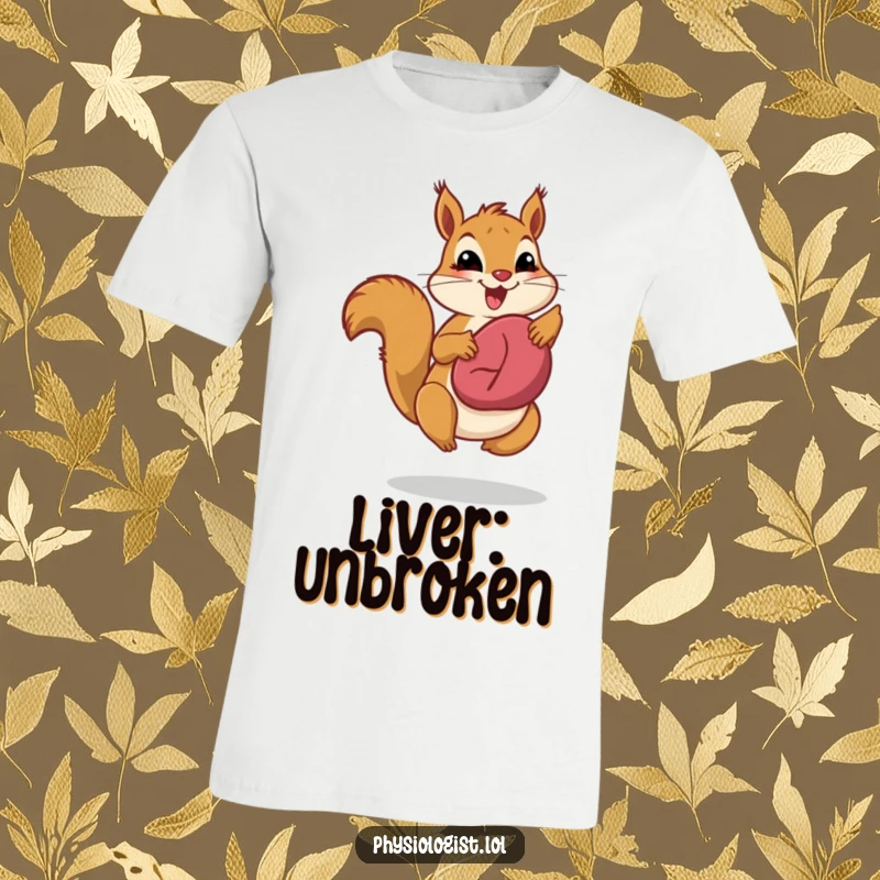 Funny liver health squirrel t-shirt, showing a squirrel jumping joyfully while showcasing a healthy, happy liver.