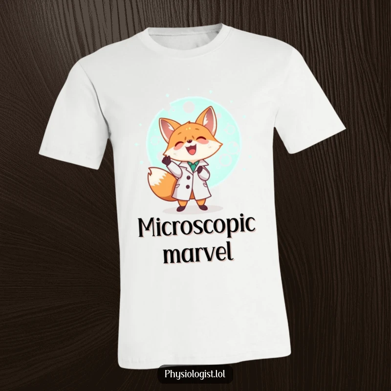 Funny tiny fox in a lab coat examining a giant glowing cell with immense joy, a humorous t-shirt.