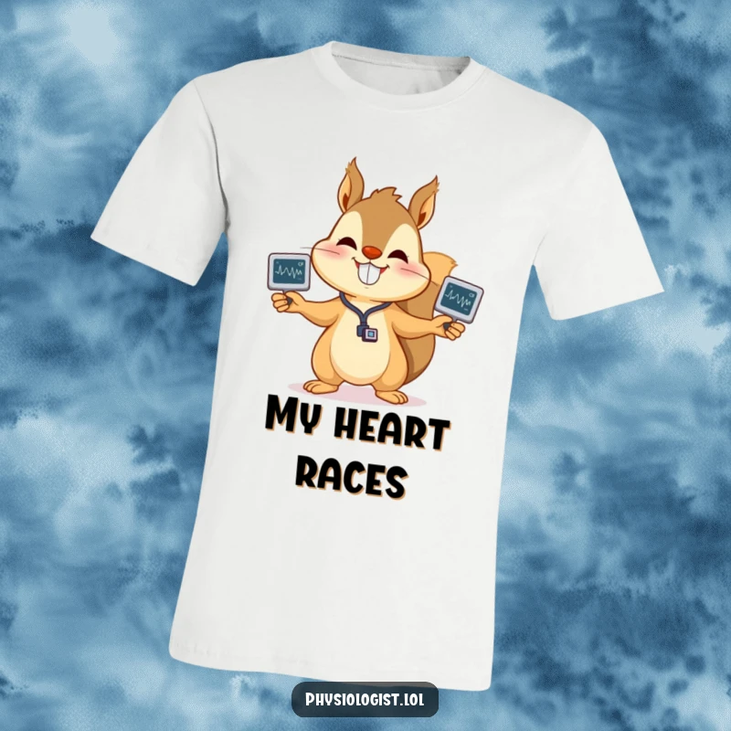 Funny squirrel t-shirt featuring a happy squirrel juggling EKG readouts, perfect for medical professionals and anyone who loves cute, humorous designs.