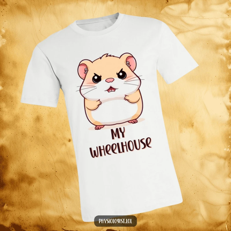 Funny stern hamster t-shirt, a hamster bouncing with a serious, determined face, humorous pet apparel.