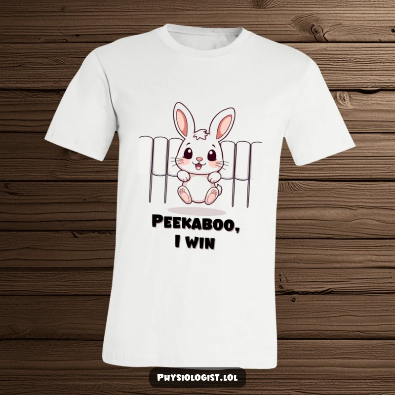 Funny t-shirt showcasing a jumping rabbit energetically peeking over a secret barrier, conveying a humorous surprise and playful nature.