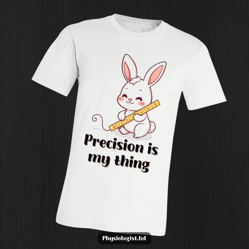 Funny rabbit t-shirt design of a busy character diligently measuring a wiggly line with a ruler, celebrating precision and playful absurdity.
