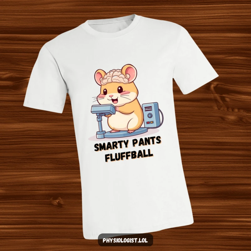 Funny hamster t-shirt character bouncing while operating a complex brain scanner, a humorous statement for the intelligent.