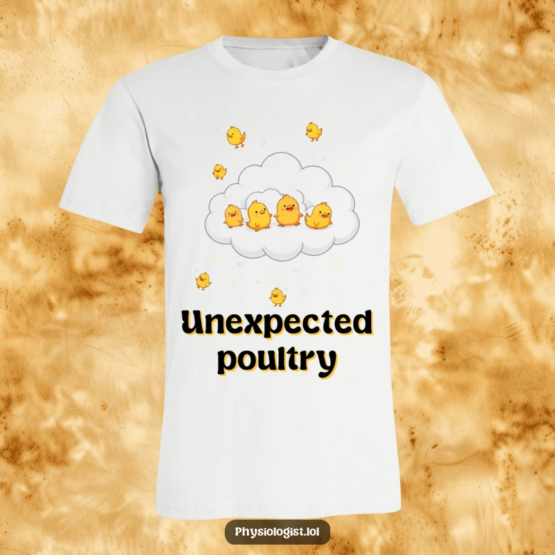 Funny cloud raining small rubber chickens on a t-shirt, conveying playful absurdity and unique humor.