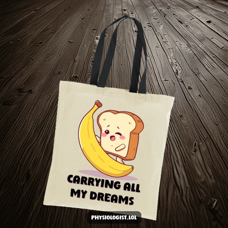 Funny determined toast slice climbing a banana, printed on a tote bag, representing humorous journeys and goals.
