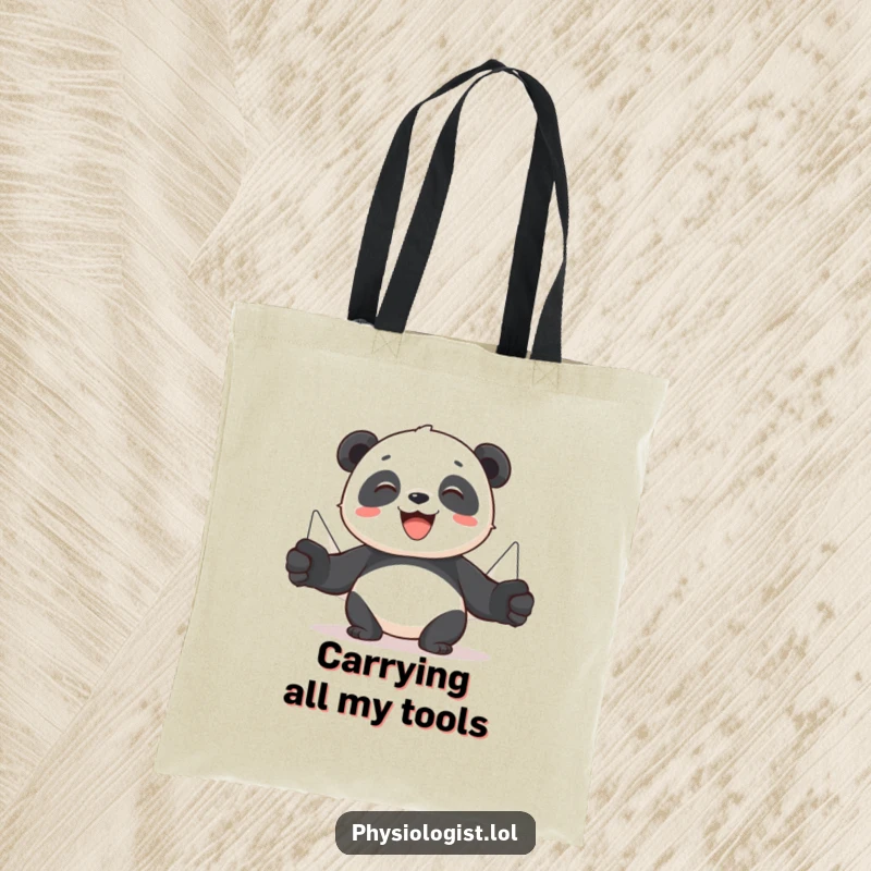 Funny panda tote bag showing a cheerful panda using puppets to demonstrate muscle movement, perfect for carrying items with fitness humor.