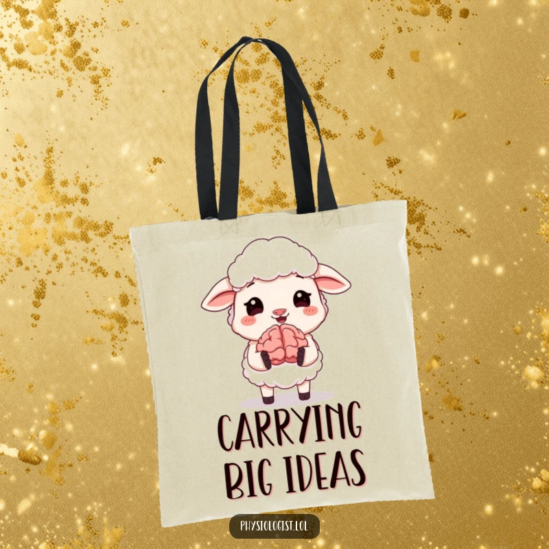 Funny tote bag featuring a gleeful sheep holding a small, animated brain. Perfect for carrying groceries or books with a dose of humor.