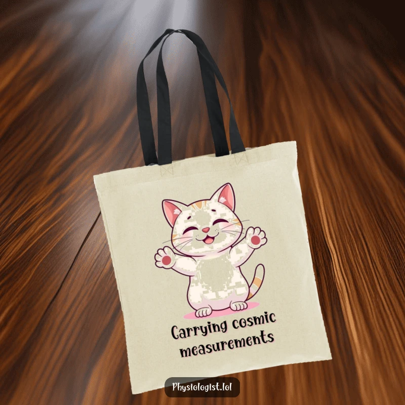 Funny Cat Measure Tote Bag: Humorous illustration of a cat measuring an abstract shape, a practical and funny accessory for curious people.