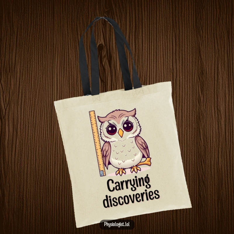 Funny tote bag, an owl measuring a long bone, showcasing curiosity and humor for shoppers.
