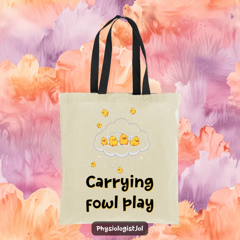 Funny cloud raining bouncing rubber chickens, printed on a tote bag, signifying whimsical and humorous everyday carry.