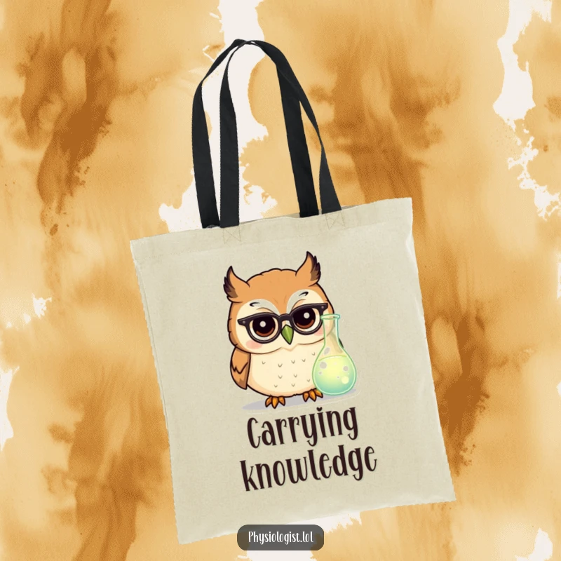 Funny owl scientist tote bag with a round owl in tiny glasses peering at a glowing beaker, carrying smarts and humor.