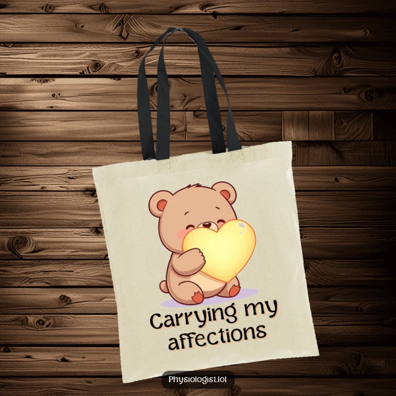 Funny happy bear tote bag, holding a glowing heart, perfect for carrying items with love and a touch of humor.